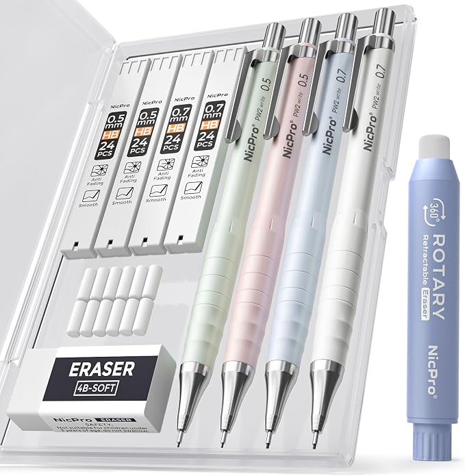 Nicpro Cute Mechanical Pencil Set, 4PCS 0.5&0.7 mm Pastel Drafting Pencils | 4 Tube HB Lead Refills, 4B Erasers, Rotary Retractable Eraser, Eraser Refill for Writing Sketching School Supplies