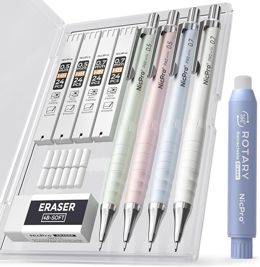 Nicpro Cute Mechanical Pencil Set, 4PCS 0.5&0.7 mm Pastel Drafting Pencils | 4 Tube HB Lead Refills, 4B Erasers, Rotary Retractable Eraser, Eraser Refill for Writing Sketching School Supplies