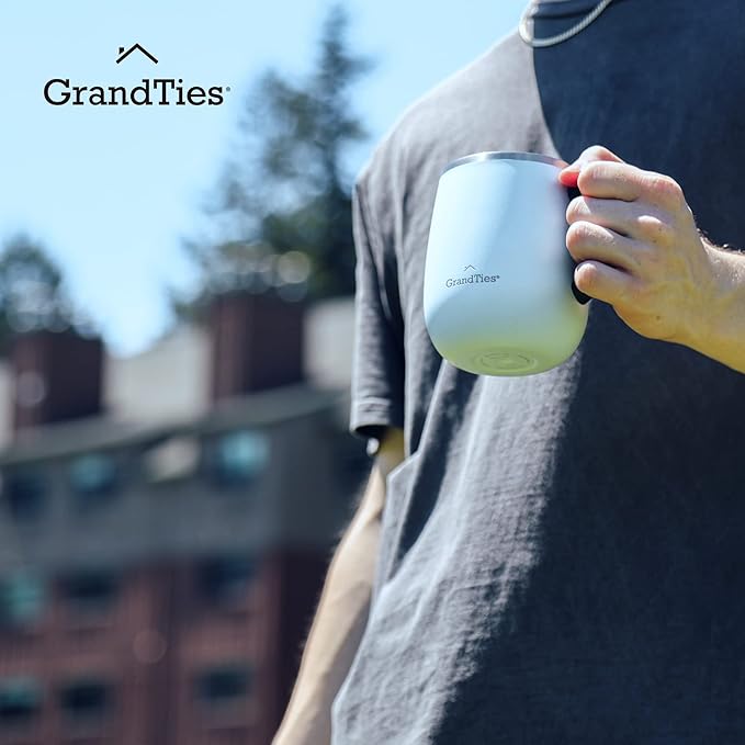 GRANDTIES Insulated Coffee Mug with Handle - Sliding Lid for Splash-Proof 16 oz Wine-Glass Shape Thermal Tumbler with Double Walled Vacuum Stainless Steel to Keeps Beverages Hot or Cold (Powder Green)