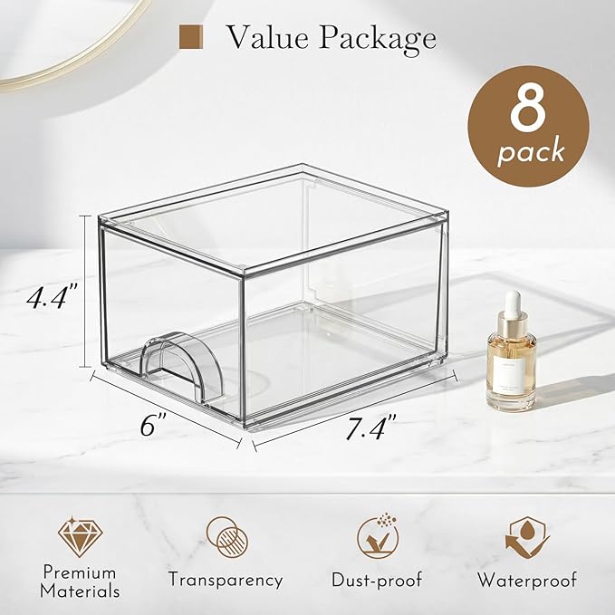 8 Pack Small Clear Stackable Acrylic Storage Boxes for Art Tool & Sketch, Storage Drawers, Storage Organizer, Clear Plastic Makeup Organizer, Ideal for Vanity, Cabinet, Desk Organization