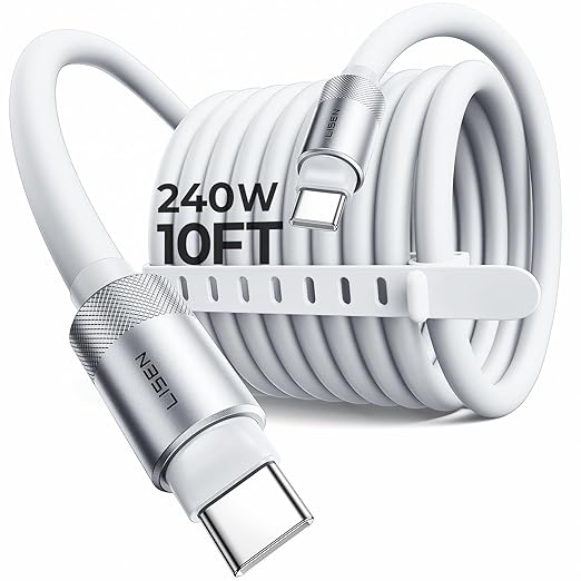 LISEN 10FT USB C Cable Fast Charging, Chubby 240W Cable USB C to USB C Fast Charging Soft Silicone USBC to USBC Parallel Cable for iPhone 17 Pro Max 16 15 Samsung S25 Ultra MacBook Pro Air iPad White