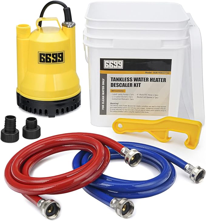 Tankless Water Heater Flushing Kit, 1/6 HP Pump, 2 Hoses, 3 Gal Pail | Complete tankless water heater flushing kit with 1/6 HP pump, two 6 ft hoses, 3 gal pail, adapters, washers and lid opener.