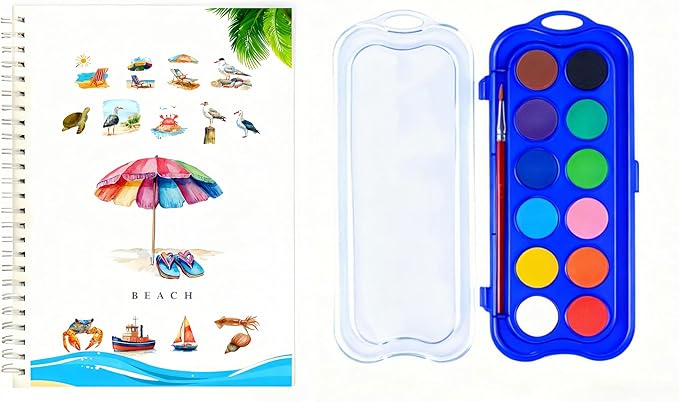12 Colors Watercolor Book with Paint，Beginner Watercolor Workbook Kit, Watercolors Workbook (12 Colors - Beach)