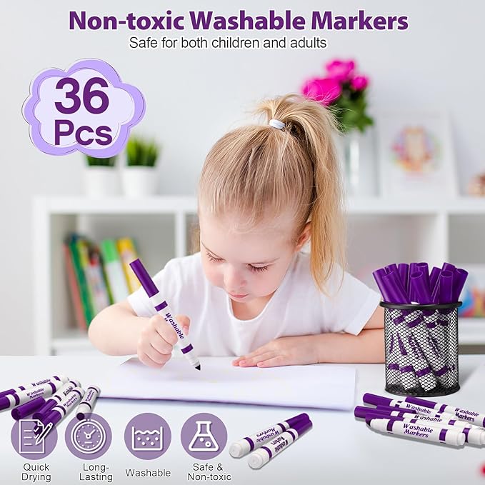 36 Pcs Purple Washable Markers Bulk Coloring Broad Line Markers for Kids Conical Tip Drawing Pen for Christmas, School Supplies, Travel Art Baby Shower Gender Reveal Party Supplies, Ages 6+