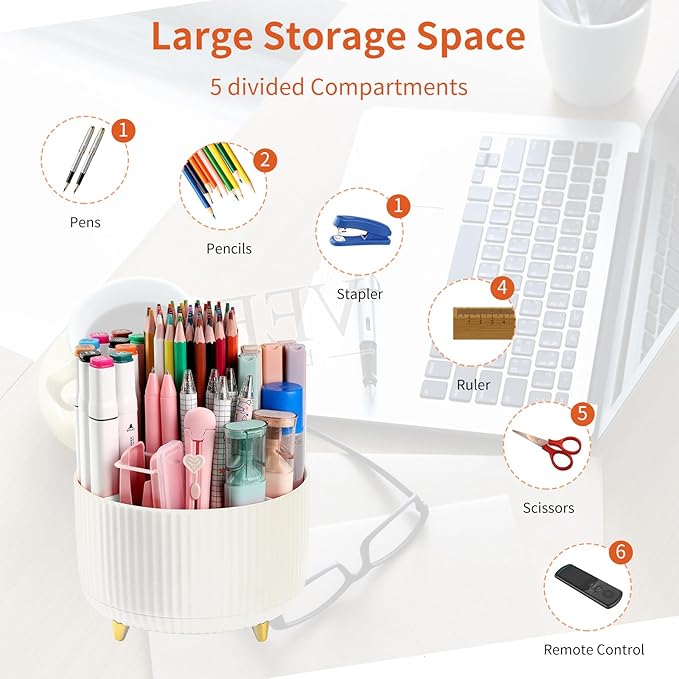 Desk Pencil Pen Holder, 5 Slots 360°Degree Rotating Pen Organizers for Desk, Desktop Storage Stationery Supplies Organizer, Cute Pencil Cup Pot for Office, School, Home, Art Supply, Beige