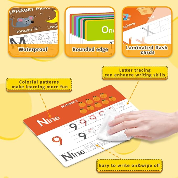 Dry Erase Alphabet & Number Practice Boards for Kids – A-Z Letters & Numbers 1-10, 18 Double-Sided Reusable Sheets (36 Pages), 11x8.5, Preschool, Kindergarten & Homeschool Writing Practice Tool