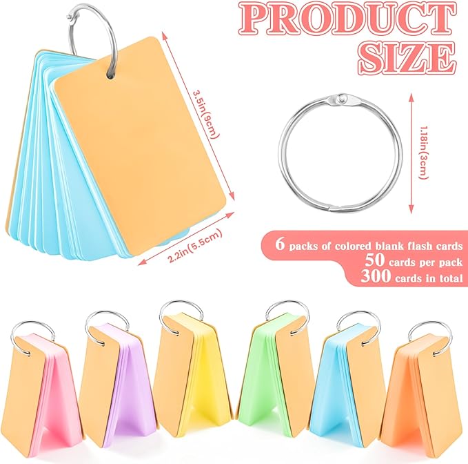 300 PCS Flash Cards 2 x 3 Inch Index Cards with Ring,Portable Blank Note Card Flashcards,Mini Blank Flash Cards Colorful Note Pad 2 x 3 Index Study Notecards for School Office Supply