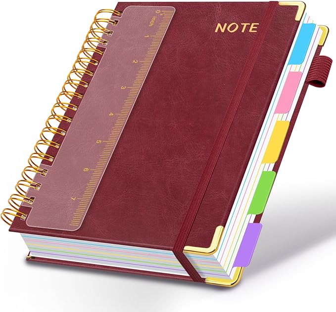 Hardcover Spiral Notebooks for Work 6.2"x 8.2", 300 Pages 5 Subject Notebook with Dividers & Tabs, A5 Spiral Journal for Women, College Ruled Notebook for School Note-Taking (Wine Red)
