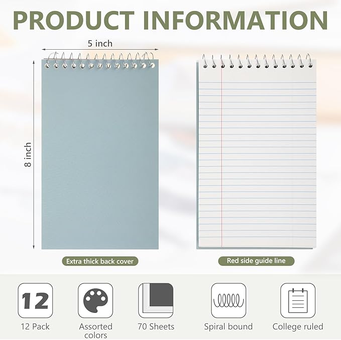 Fuutreo 12 Pcs 5'' x 8'' Top Bound Spiral Notebooks Office Steno Book for Women Cute Durable Spiral College Ruled Paper 70 Sheets Multicolor Covers, School Supplies(Retro Color)