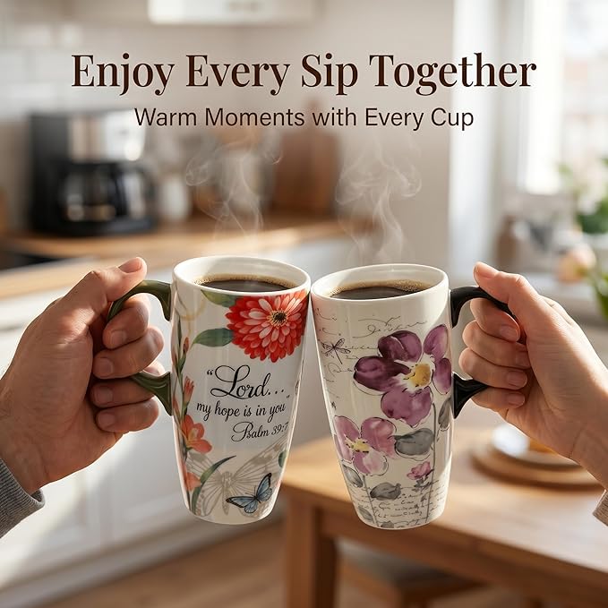 Topadorn 2-Pack 17oz Ceramic Travel Coffee Mugs with Lids, Floral Psalm Design, Microwave & Dishwasher Safe, Gift Set for Women and Men
