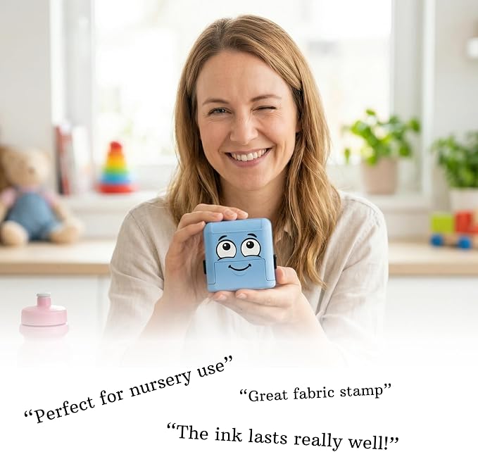 COLOP Marky Personalized Kids Name Stamp, Suitable for All Surfaces, Blue | Permanent Waterproof Clothing & Fabric Labeling, Clothing Stamp For Kids, Schools, & Daycare, Includes Labels and Thermo Tape