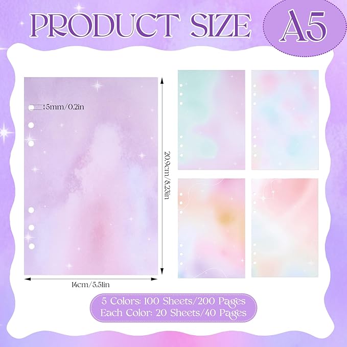 200 Sheets Gradient A5 Planner Inserts - 120GSM Thick Watercolor Refill Paper for A5 6-Ring Binder, Rainbow 6 Hole Loose Leaf Sheets for Journal Diary Notebook Budget Creative Planning