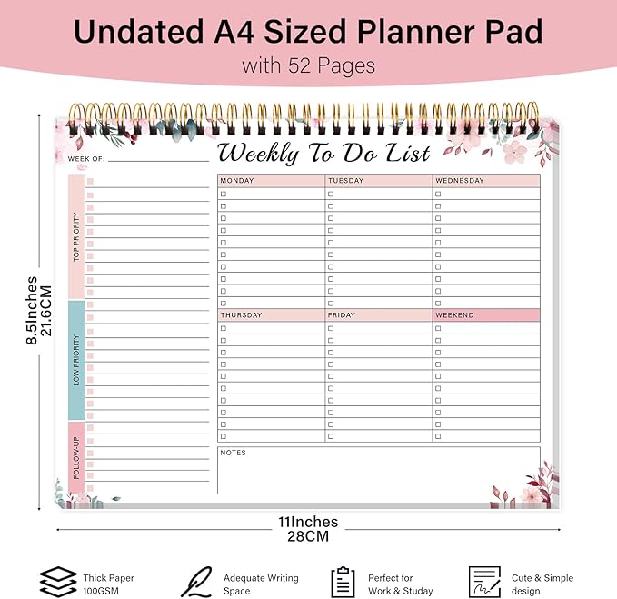 Weekly To Do List Notepad with 52 Undated Sheets（8.5"×11"）- Weekly Desk Planner Pad with Spiral Binding for Women & Man, Office, School and Home Personal Organizer
