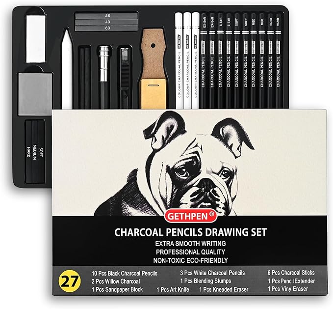 GETHPEN 27 Piece Charcoal Drawing Set - Professional Black & White Charcoal Pencils for Sketching, Shading & Blending, Graphite Sticks with Artist Art Supplies Kit (Beginners & Professionals)