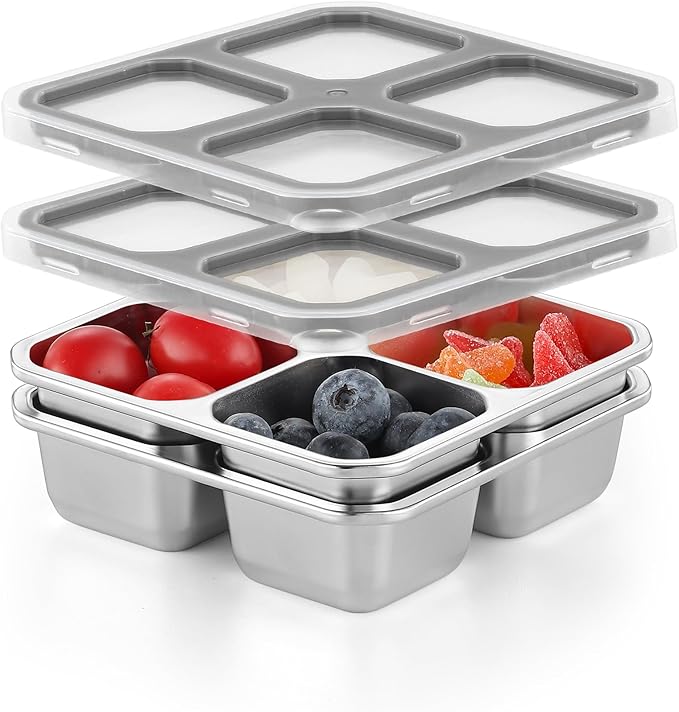 BEFOY 4-Pack Stainless Steel Snack Containers – 4 Compartment Leak-Proof Bento Box for Meal Prep, School, Picnic & Travel – Nestable & Reusable for Kids & Adults (grey, 2)