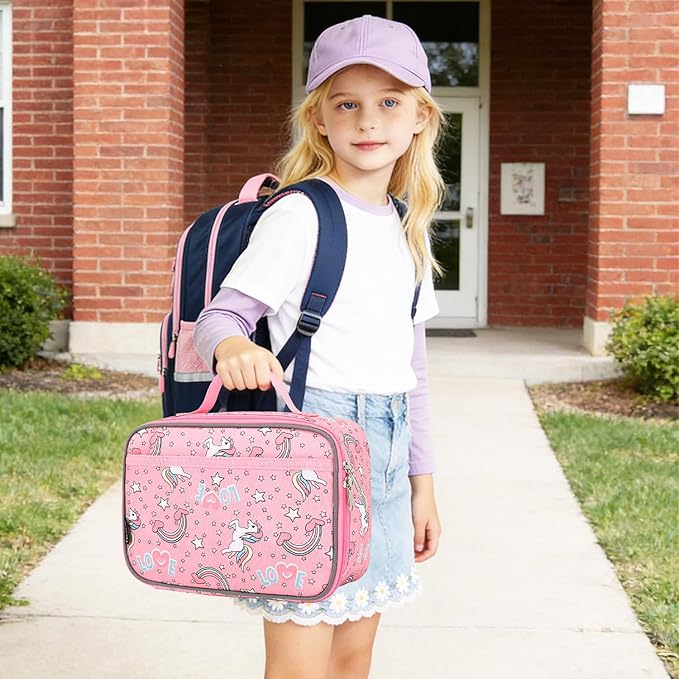 FlowFly Kids Lunch box Insulated Soft Bag Mini Cooler Back to School Thermal Meal Tote Kit for Girls, Boys, Unicorn