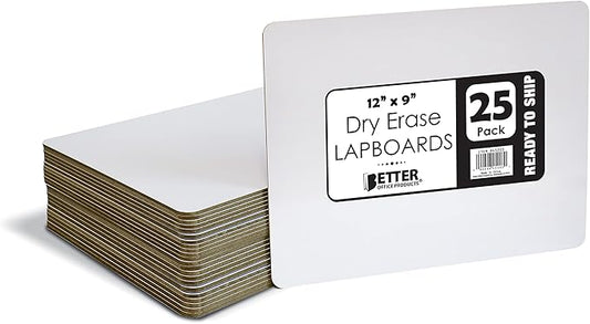 Better Office Products Premium Dry Erase Boards, 9" x 12", Double Sided Lapboards, Small White Board Pack, Classroom Lapboards for Students, (25 Pack)