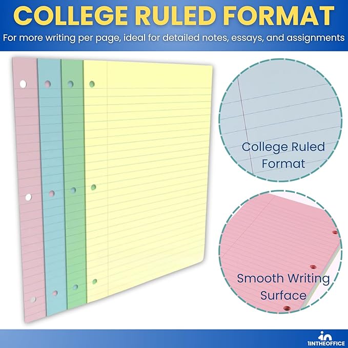 1InTheOffice 5.5 x 8.5 Paper, Pastel, College Ruled Mini Binder Paper, Loose Leaf Paper, Assorted Color, 100 Pack