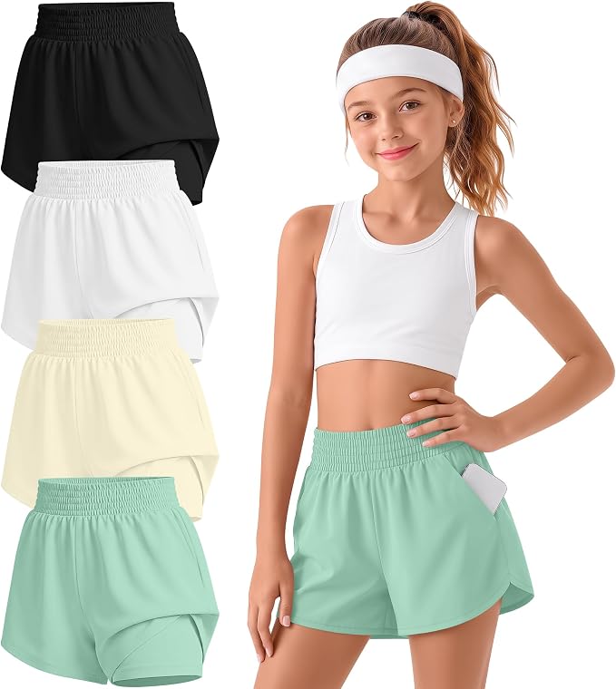4 Pack Girls Athletic Shorts 2 in 1 Quick Dry High Waist Tween Shorts with Liner Kids Back to School Running Shorts