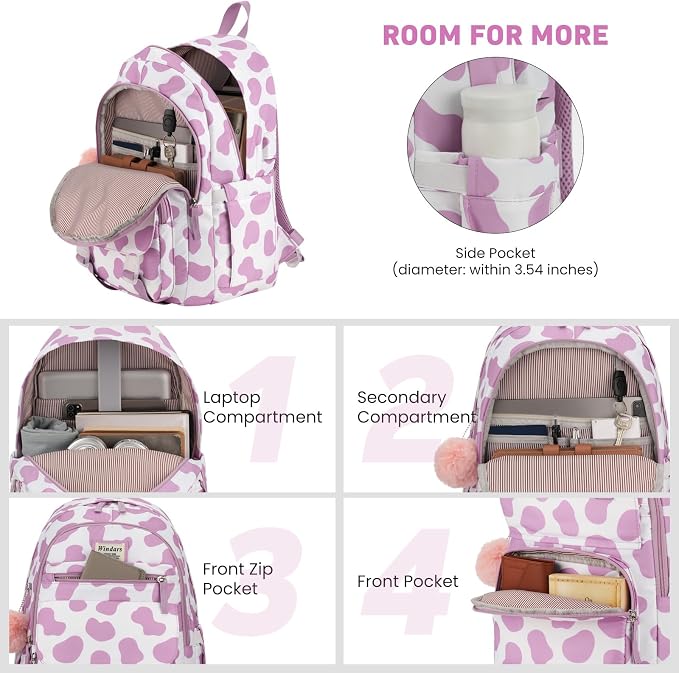 WINDARS School Backpack for Teen Girls, Cute College Backpacks for Women Students Aesthetic Bookbag Large 15.6 Inch Laptop Bag Middle School Travel Back Pack (Cow Print Purple)