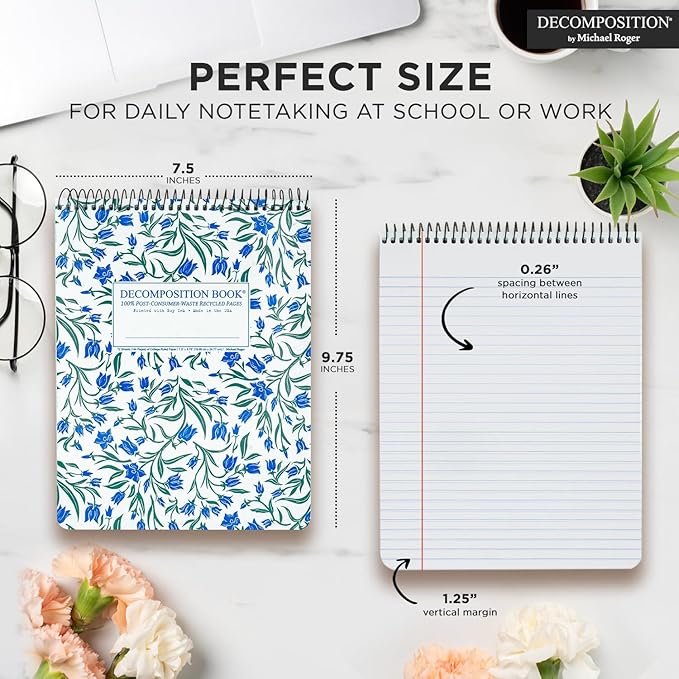 Decomposition Bluebells Top Bound Spiral Notebook – 7.5 x 9.75 Journal, College Ruled Lined Pages – Left-Handed Friendly Notebooks Ideal for Students, Artists & Office Professionals – Made in USA