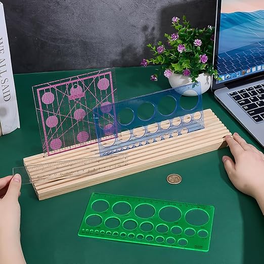 PH PandaHall 9-Slot Wooden Quilting Ruler Organizer, Ruler Holder Storage Rack Rulers Stand for Quilting Rulers 4mm Grid Ruler Holder for Sewing Accessories and Supplies, Burlywood, 14.9x3.9 inches