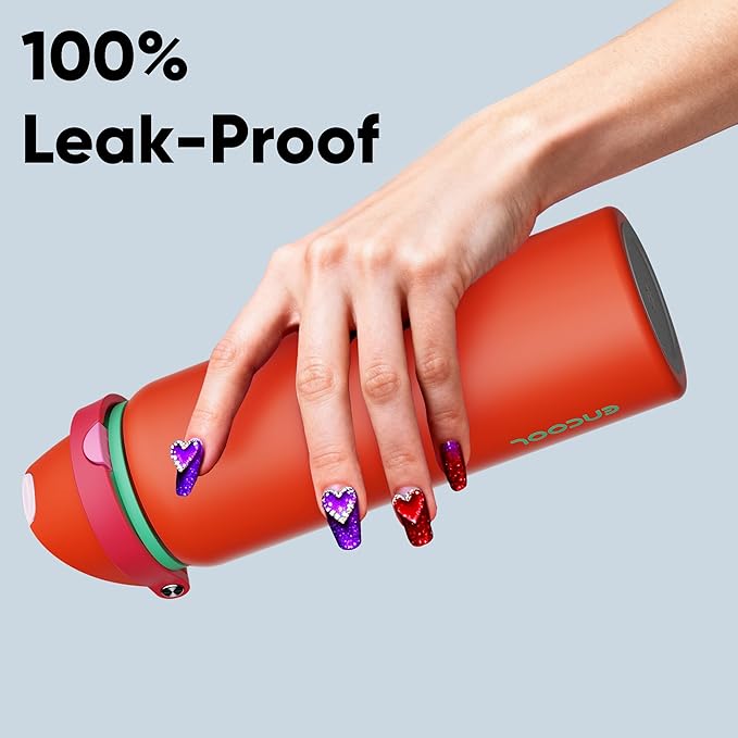 Insulated Water Bottle with Straw - Encool Stainless Steel Water Bottle with Push Button Lid, Leak-Proof & BPA-Free, Keeps Cold for 24 Hours for Sports, Travel, Gym (32 oz, Grapefruit Red)