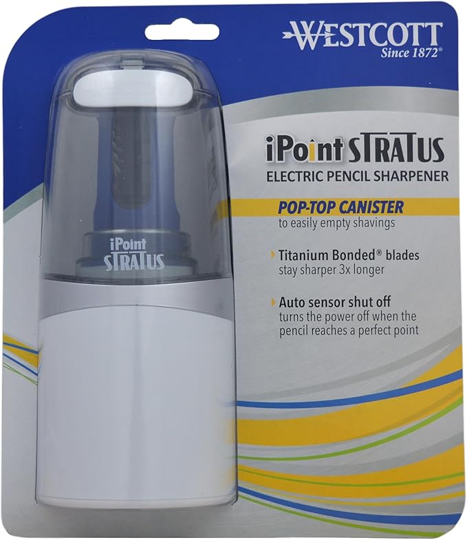 Westcott 17793 iPoint Stratus Electric Pencil Sharpener with Titanium-Bonded Blades and Pop-Top Canister for School, Office and Home, Assorted Colors