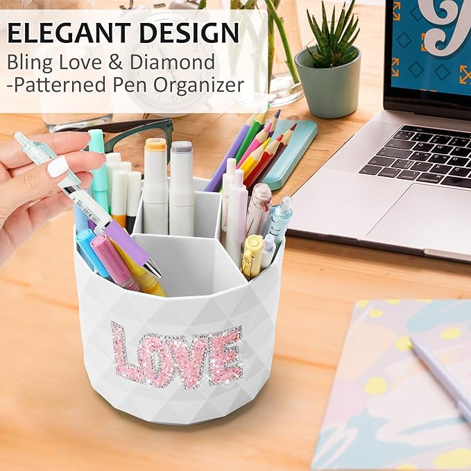 Bling Desk Organizer, Glitter Love Rhinestone Rotating Pencil Pen Holders For Desk,Diamond-Patterned Pen Organizer With 5 Compartments,Stylish Desk Accessories For Office School Home