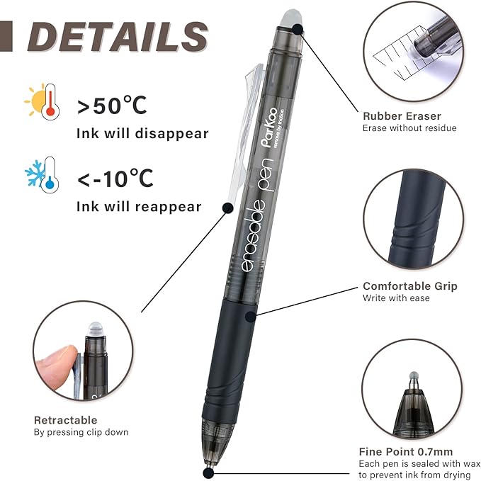 ParKoo Retractable Erasable Gel Pens Clicker Fine Point 0.7 mm, No Need for White Out, 4 Assorted Color Inks for Completing Sudoku and Crossword Puzzles, 12-pack