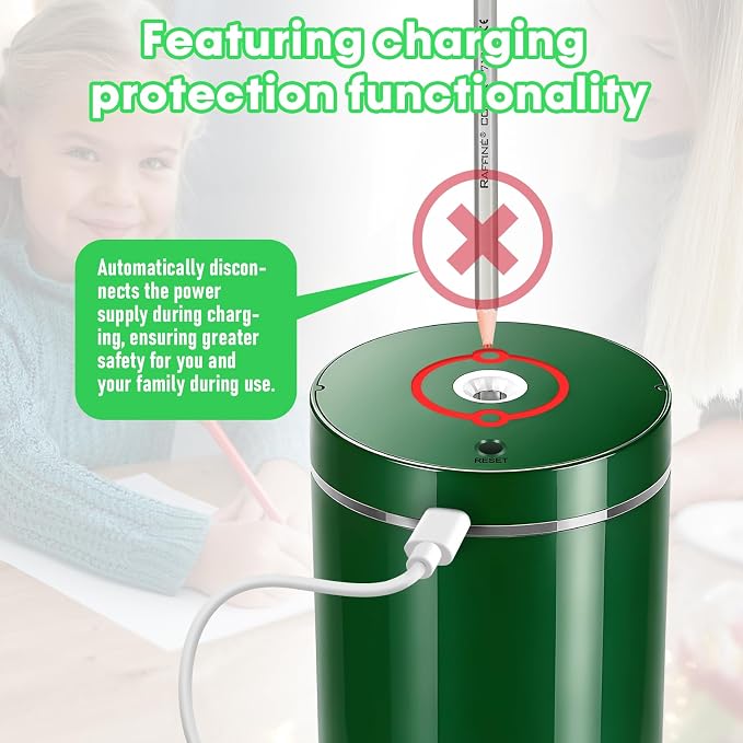 Fully Automatic Electric Pencil Sharpener,Rechargeable smart Pencil Sharpener.Suitable for No. 2/Colored Pencils (6-8 mm),Applicable to School/Classroom/Office/Home（Green）