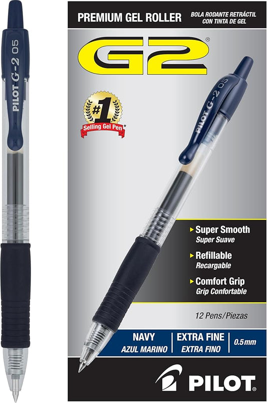 PILOT G2 Premium Refillable and Retractable Rolling Ball Gel Pens, Extra Fine Point, Navy Blue Ink, 12-Pack (15122)