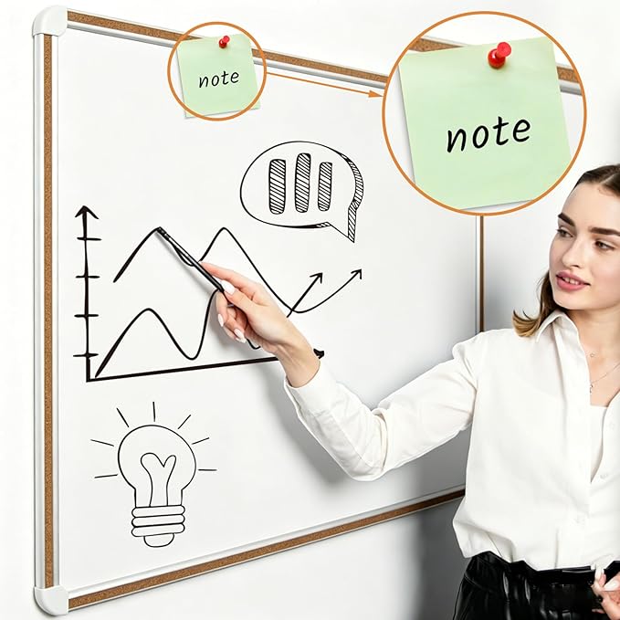 Large Magnetic White Board for Wall,Aluminum & Cork Strip Frame Whiteboard for Office,Presentation Dry Erase Board Wall Mount,Large Whiteboard for School Classroom Huge Whiteboards (48" W x 36" H)