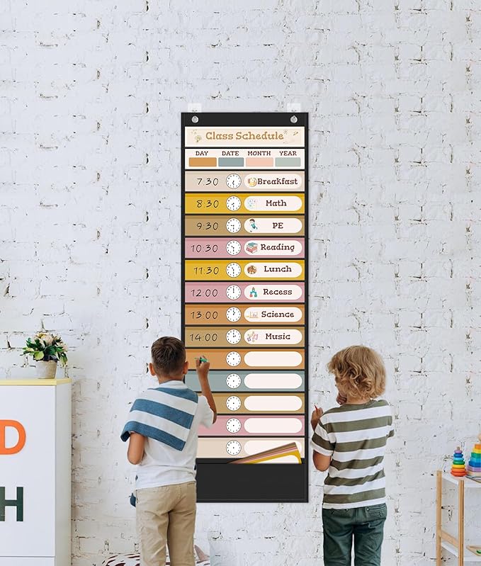15+1 Pockets Daily Schedule Pocket Chart, Classroom Visual Schedule for Kids with 24 Double Sided Reusable Cards, Classroom Pocket Chart for Office Home Preschool Daily Use, Boho Black