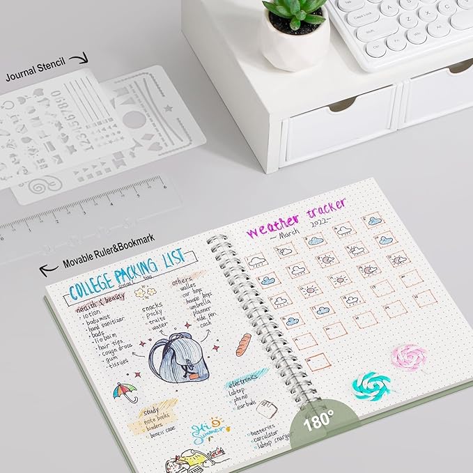 AHGXG Dotted Journal - Dot Grid Spiral Notebook A5, 160 Pages, 100 GSM Thick Paper, Waterproof Plastic Cover Journals for Journaling, Sketching, 5.7" x 8.3", Light Green