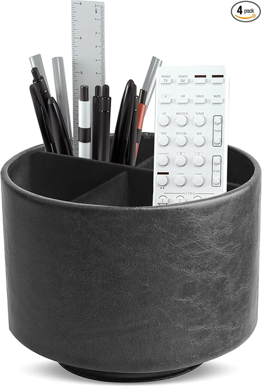 Round Leather Art Supply Organizer,Remote Control Holder,360 Degree Spinning,Multi-Functional Pencil Holder,4 Compartments Desktop Stationary Organizer(1-Oil Black)