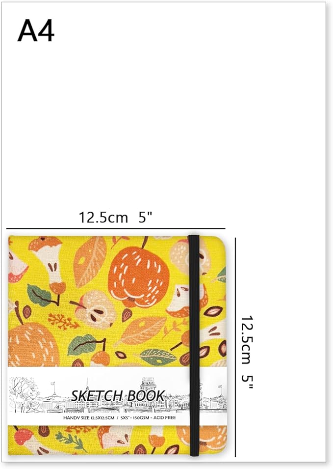 5" x 5" Hardcover Sketch Book,Small Mixed Media Sketch Pad,58 Sheets 150GSM Acid-Free Artist Drawing Paper,Travel Journal Blank Notebook for Adults Painting,Illustration,Art Supplies.Fruit Pit