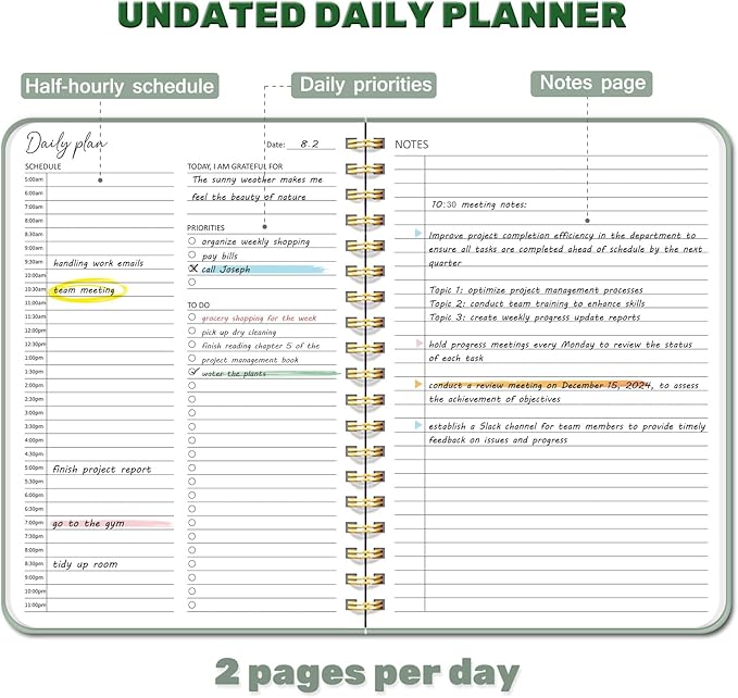 Undated Daily Planner With Hourly Schedule, To Do List Spiral Notebook, Easily Organize Your Work Tasks And Appointments, Perfect School Or Office Supplies For Organizing & Planning, 7.5"x10", Green