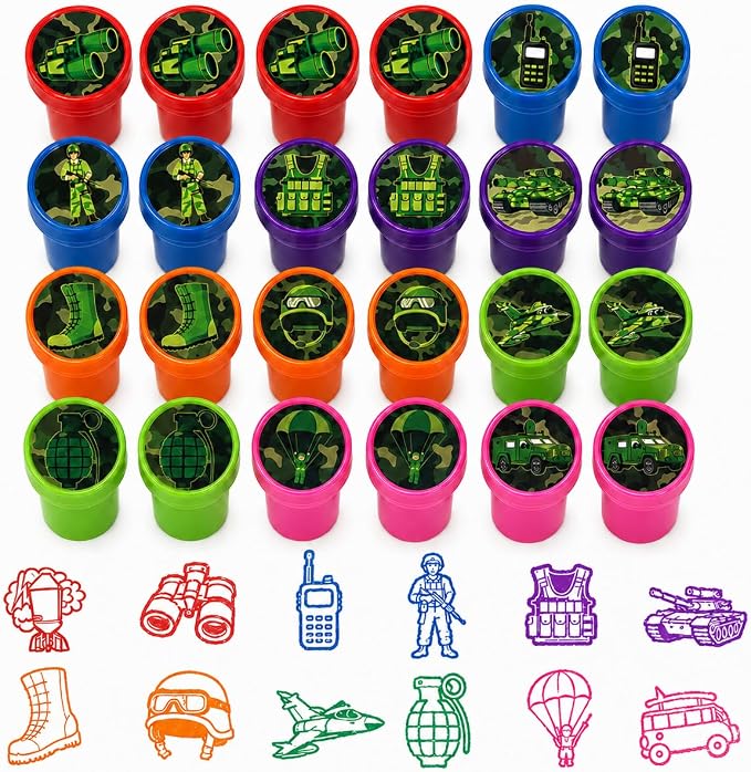 Cinrobiye 24 Pcs Military Theme Pre-Inked Stampers for Kids, Army Party Favor Stamp Set with 12 Unique Soldier Designs, Classroom Rewards, Birthday Party Supplies, Goodie Bag Fillers, Carnival Prizes