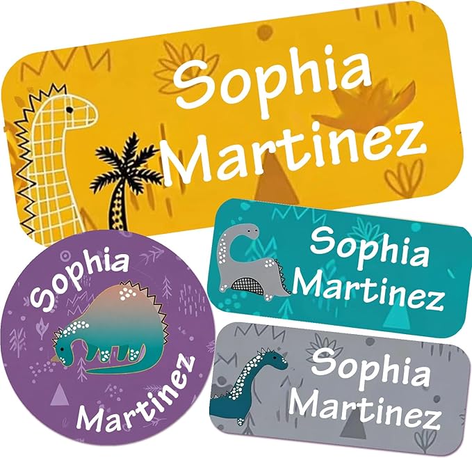 Waterproof Custom Name Stickers (135 Labels) - Personalized Daycare Labels for Clothing, Water Bottles, Lunch Boxes & School Supplies - Ideal for Camp & Daycare - No-Iron (Misty Dinosaurss)