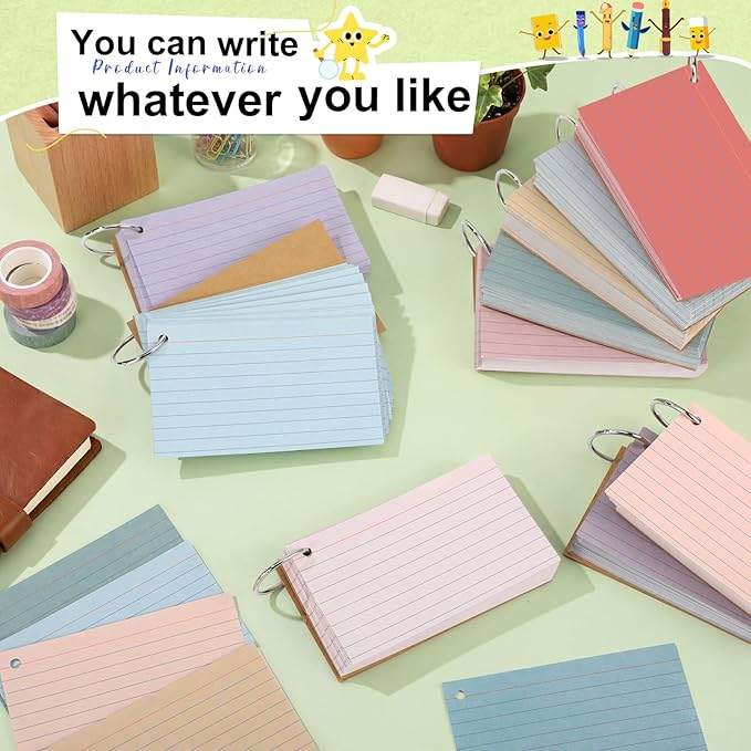 12 Pack Colored Index Cards with Key Ring 3 x 5 Inch 1800 Count Portable Flash Cards College Ruled Lined Flashcards Notepad Aesthetic Notecards for Note Taking Learning Studying Office