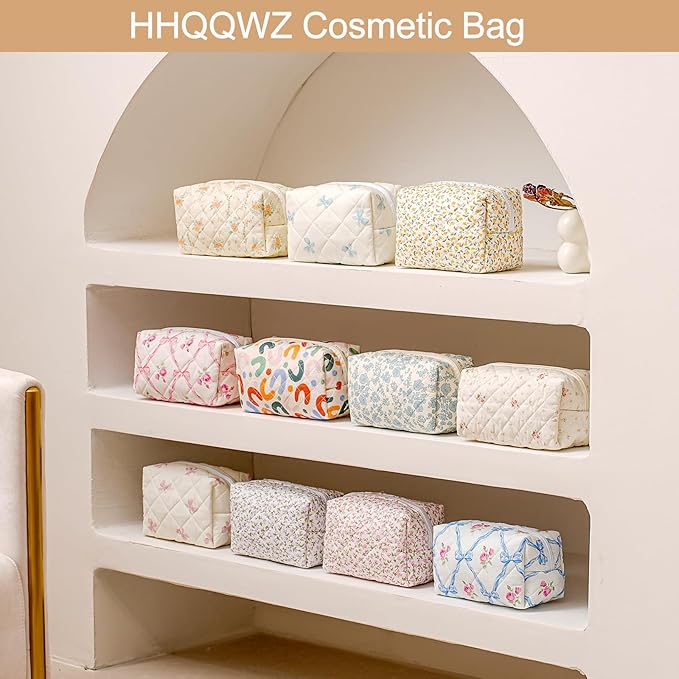 Makeup Bag Travel Cosmetic Bag for Women Girls, Zipper Make Up Pouch, Floral Flowers Toiletry Organizer Makeup, Portable Storage Cosmetic Travel Cloth Bag (Blue Floral+Flower-Red)