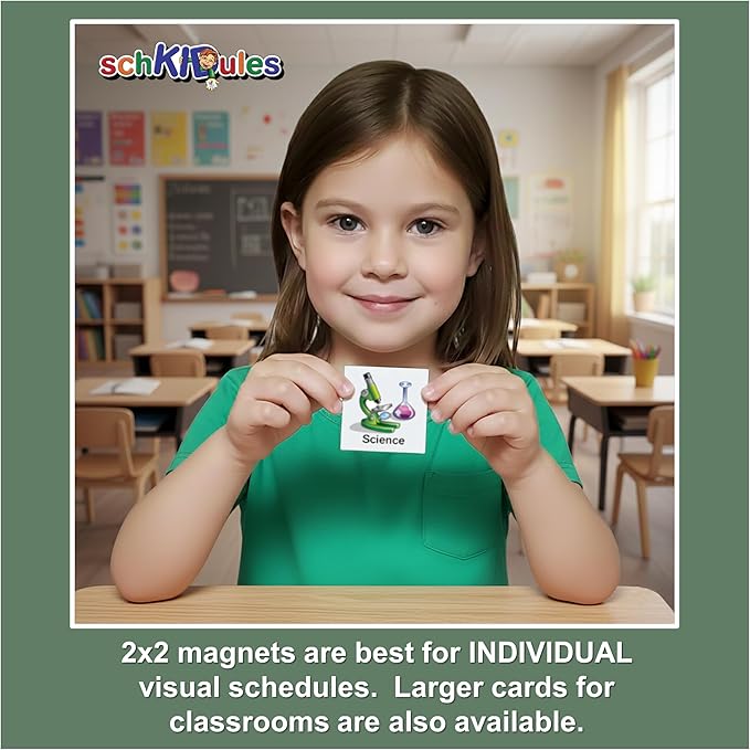 SchKIDules 87-Pc Visual Schedule Magnets (School Collection) | Sized for Individual/Small Group Use | Special Ed & IEP Support | 66 (2x2) Activity Icons + 21 Headings | Available in English & Spanish