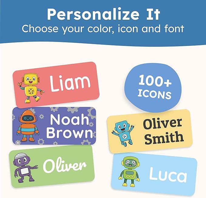 Personalized Name Labels for Kids (70 Labels) - Durable & Waterproof Custom Name Stickers for Clothing Tags, School Supplies, Camp & Daycare - Robots (1.2”x0.5”)