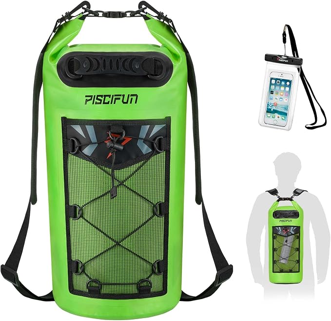 Piscifun Dry Bag, Waterproof Floating Backpack 10L/20L/30L/40L | Waterproof Phone Case, Adjustable shoulder straps, Roll-top closure keeps gear dry, Ideal for Boating, Kayaking, Fishing