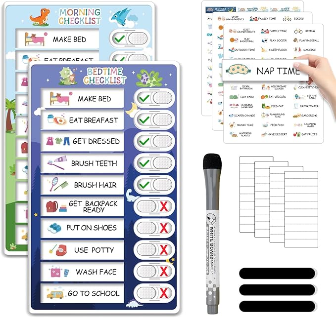 Upgraded 2 in 1 Bedtime/Morning Routine Chart - Magnetic Chore Chart for Toddlers, Cute Visual Schedule Board for Home, Kids Checklist to Do List ADHD Tools