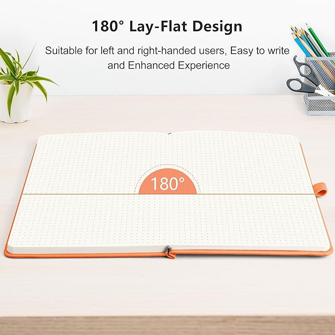RETTACY Dotted Journal Notebook, 192 Pages, A5 Medium Size (5.7'' x 8.3''), Leather Hardcover, 100 GSM Thick Paper, for Journaling, Planning, Tracking (Orange)