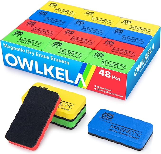 OWLKELA 48Pcs White Board Erasers, Magnetic Dry Erase Eraser Ideal for School, Office, Classroom and Home, 4 Colors