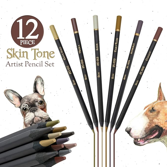 Black Widow Skin Tone Colored Pencils for Adult Coloring Books – 12 Soft Core Color Pencils for Portraits and Skintone Artists – Complete Range with Lightfast Ratings