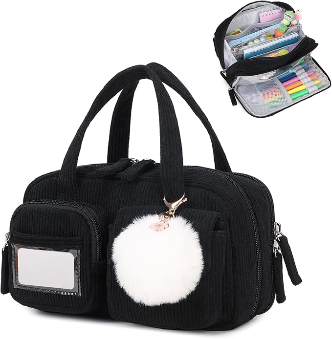 Pencil Case Corduroy Multiple Compartments Pouch Bag for Girl, Black